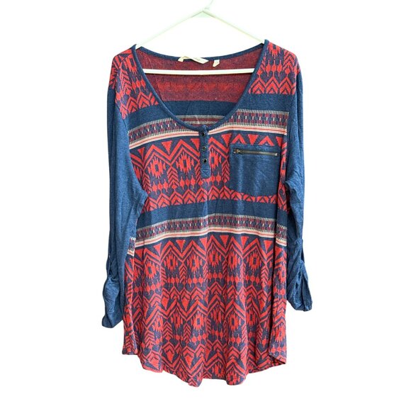 Soft Surroundings Womens XL Red Blue Aztec Print Long Sleeve Top Viscose - Picture 1 of 6